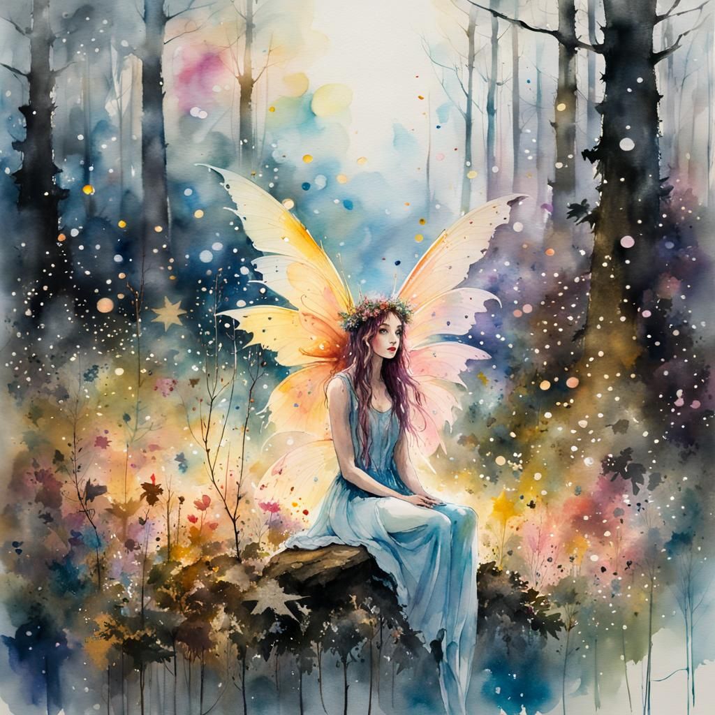 Watercolor Fairy in Forest New Year Celebration