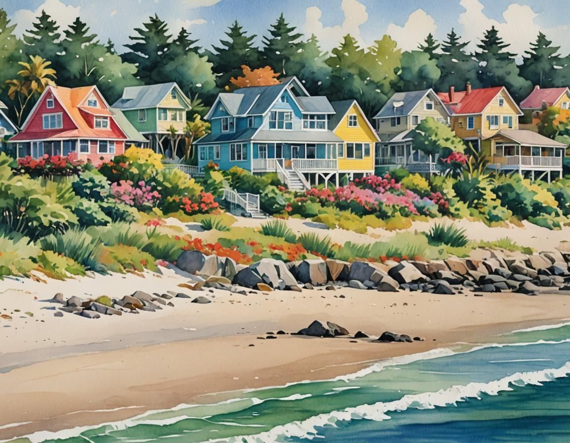 Vivid Watercolor of Beachfront Cottages
