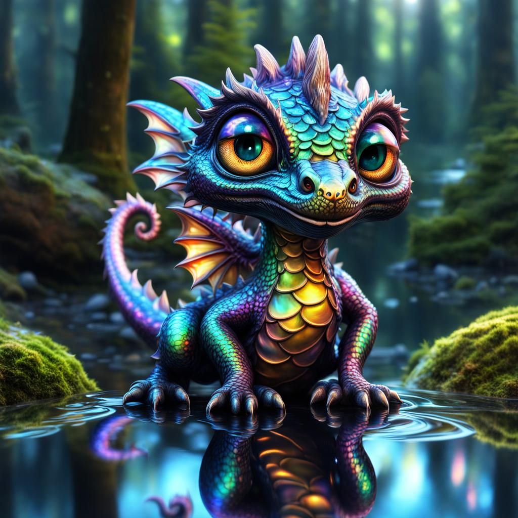 Holographic Gothic Dragon in Mirrored Forest