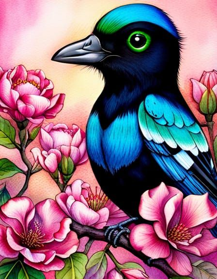 Baby Magpie in Azaleas: Detailed Macro Photograph