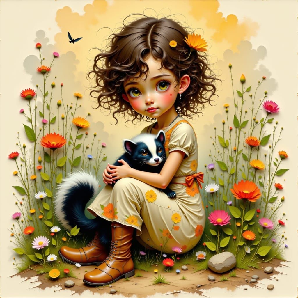 Girl Cradles Skunk in Lush Garden, Watercolor Style