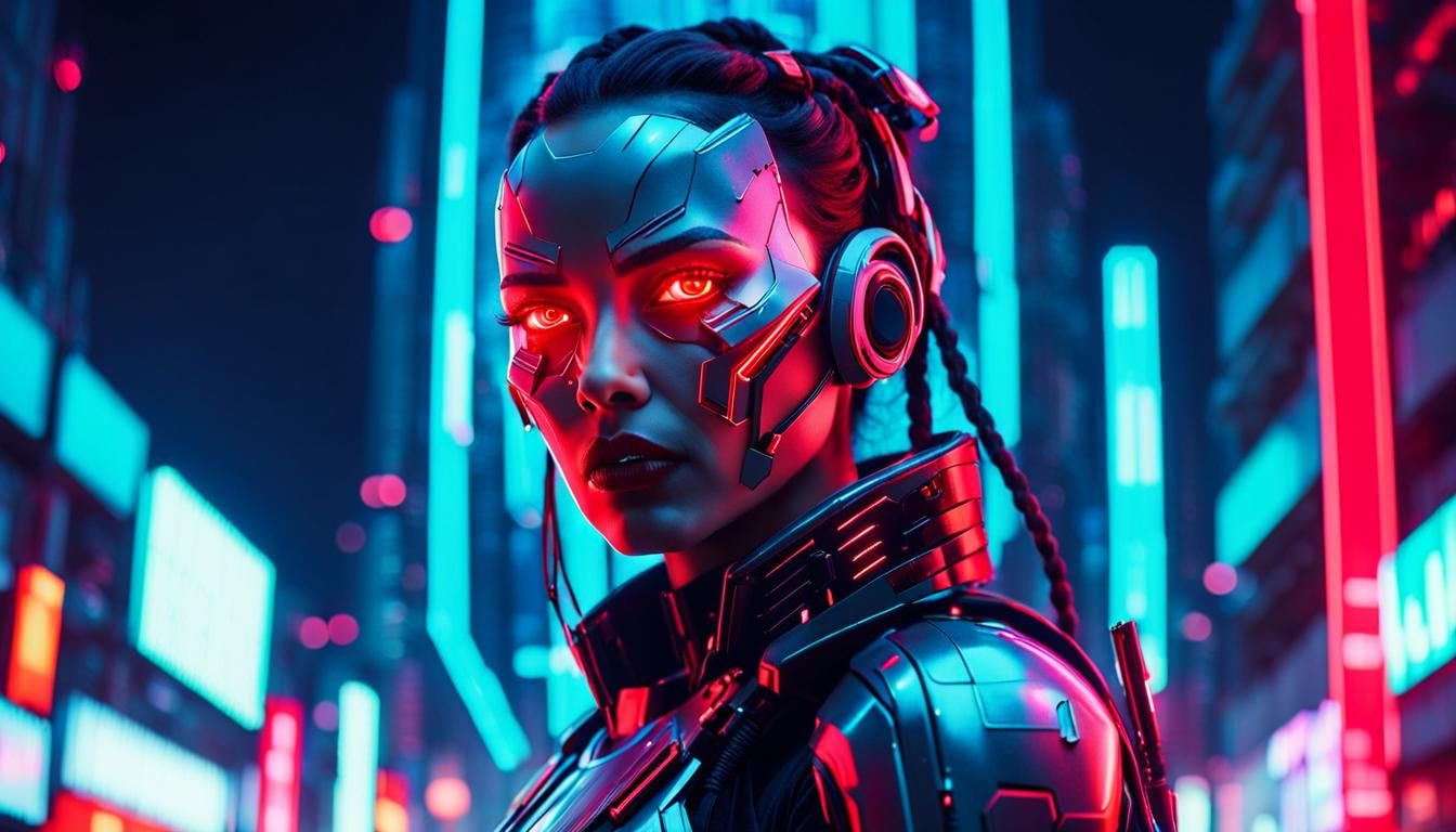 Cyberpunk Woman with Robotic Eyes in Neon City