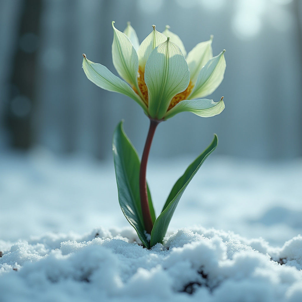 Hyperrealistic Flower Emerges from Snowy Landscape