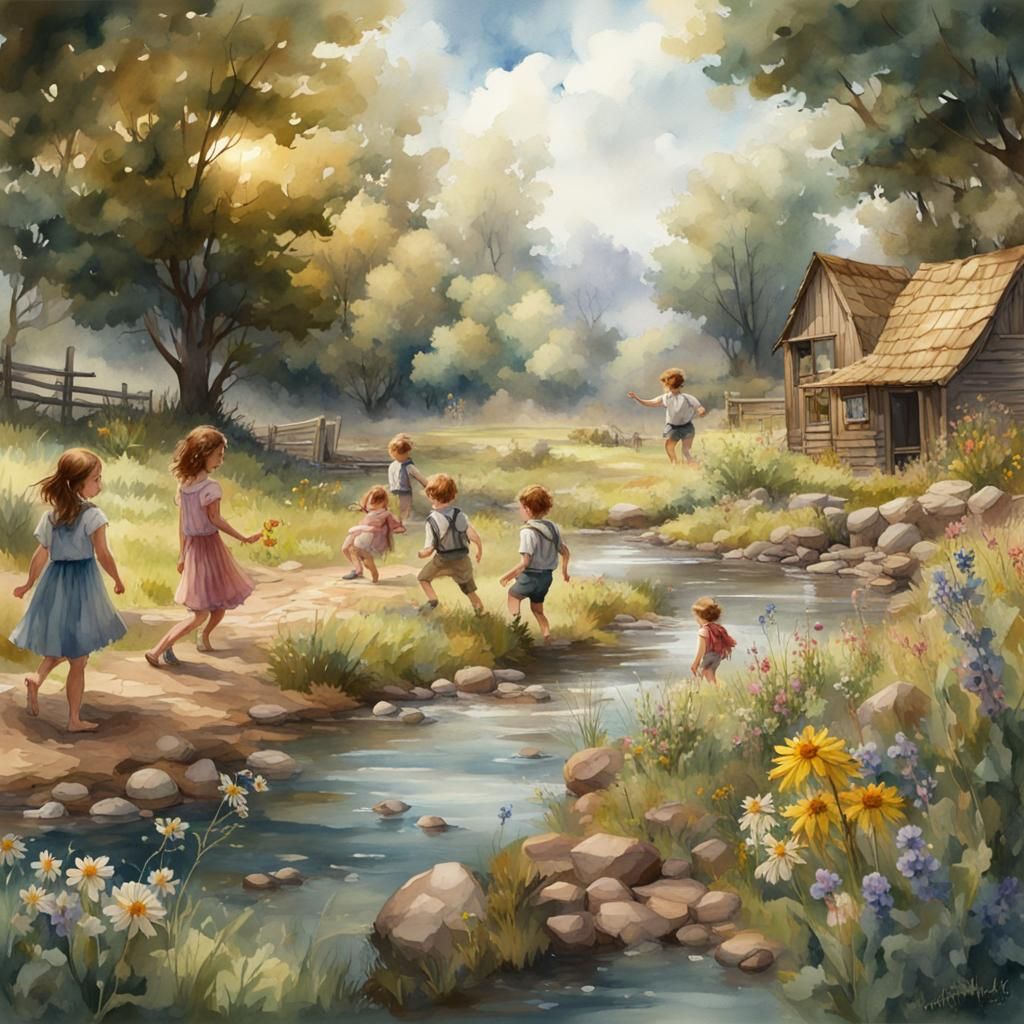 Children in the country side playing in the creek