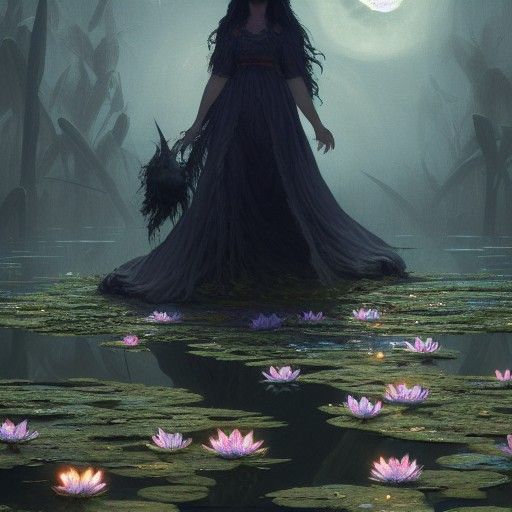 Moonlit Witch in Lily Pond: Dark Fantasy Concept Art