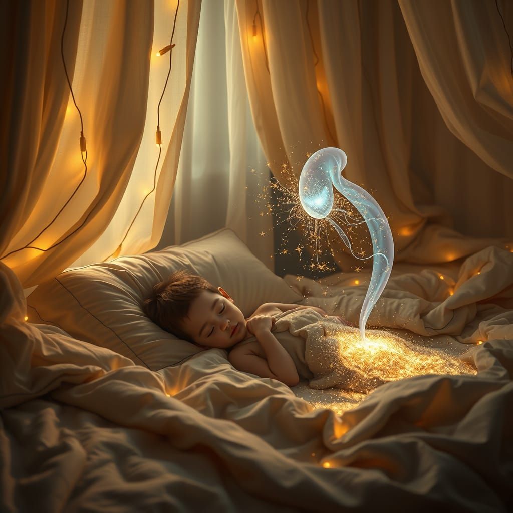 Ethereal Sandman Weaves Dreams in Cozy Bedroom
