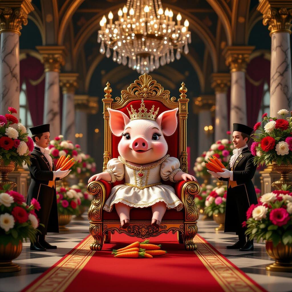 Cute Pig Queen on Gold Throne in Luxurious Castle