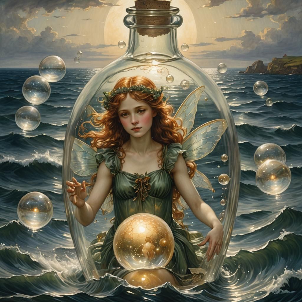 Fairy in a Bottle: Pre-Raphaelite Style Art