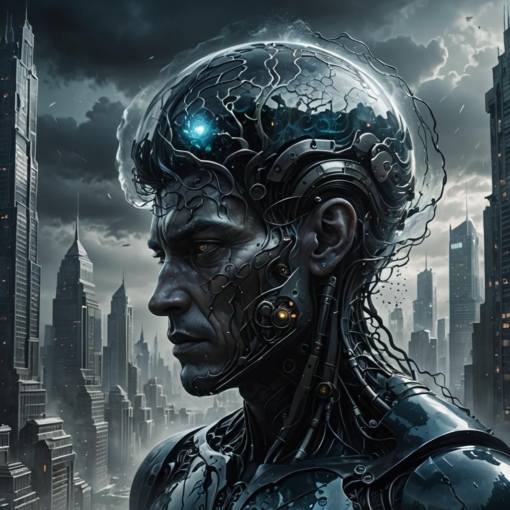 Eerie Glass Brain Structure in Dark Fantasy Cityscape