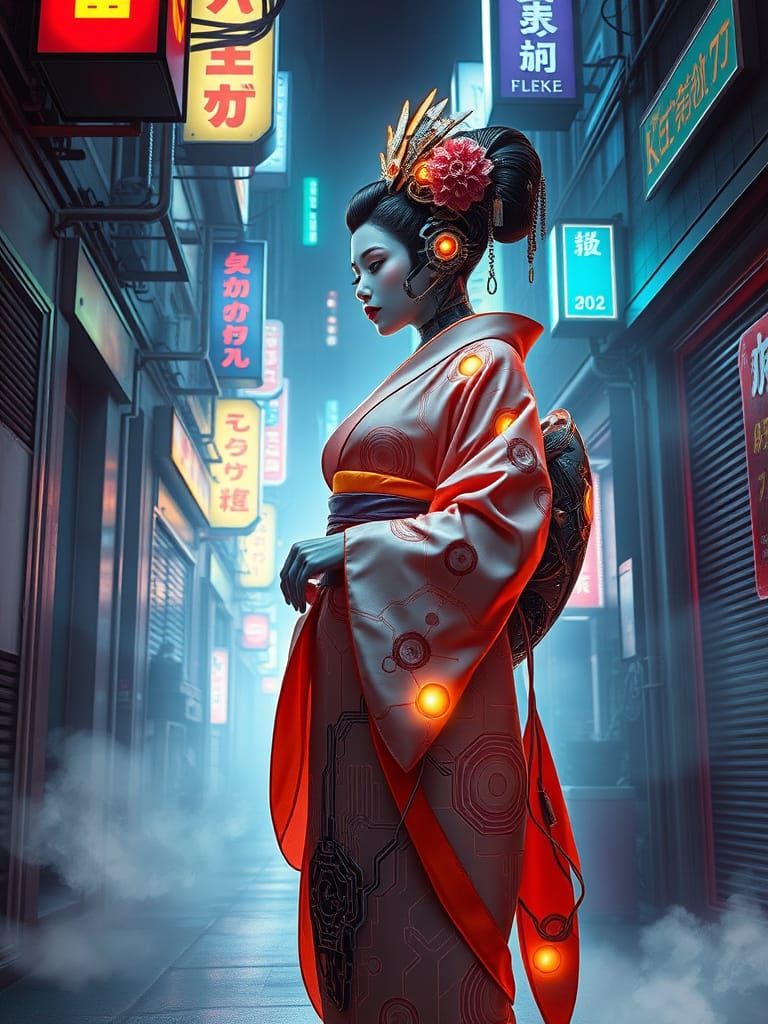 Biomechanical Geisha in Neon Tokyo, Art Nouveau Style