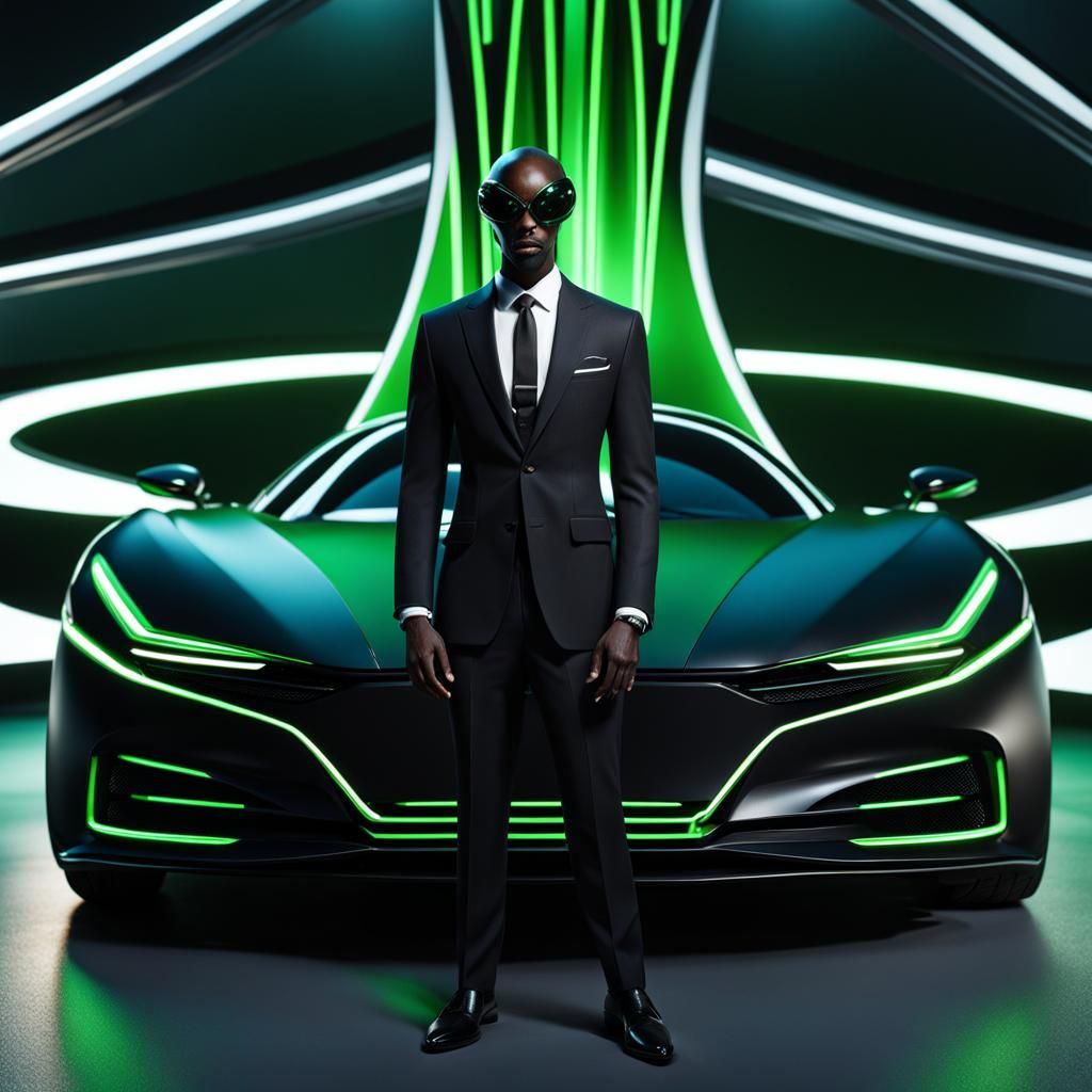 Alien in Suit by Futuristic Car