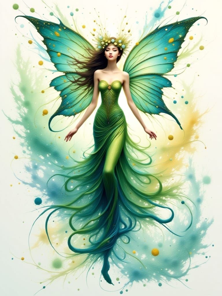 Whimsical Fairy Emerging from Watercolor Splashes