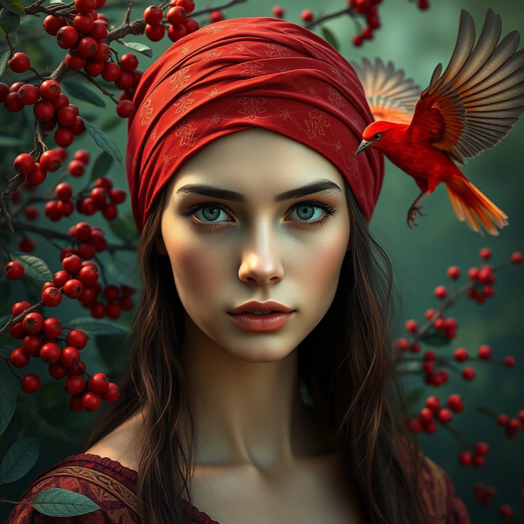 Surrealist Portrait of a Woman in Vibrant Red Headband