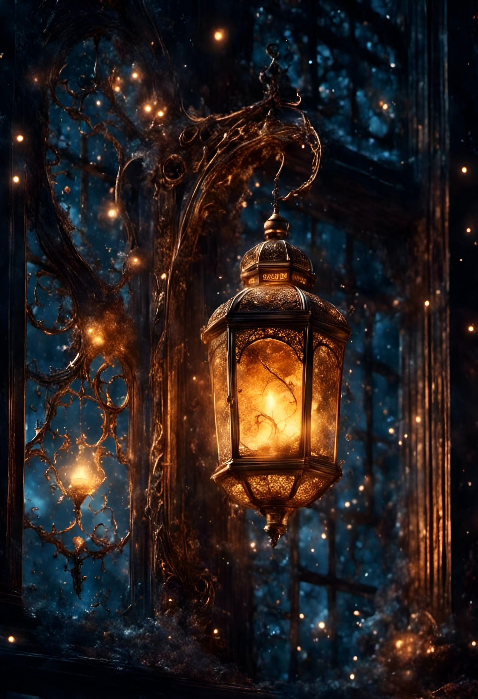 Ornate Vintage Lantern at Night with Luminous Details