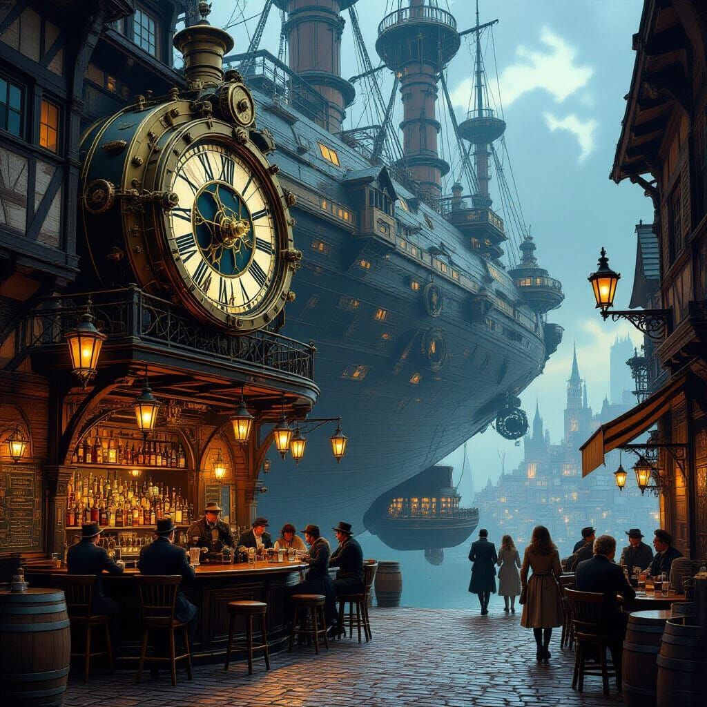 Steampunk Tavern with Clockwork Servers in Art Nouveau Style