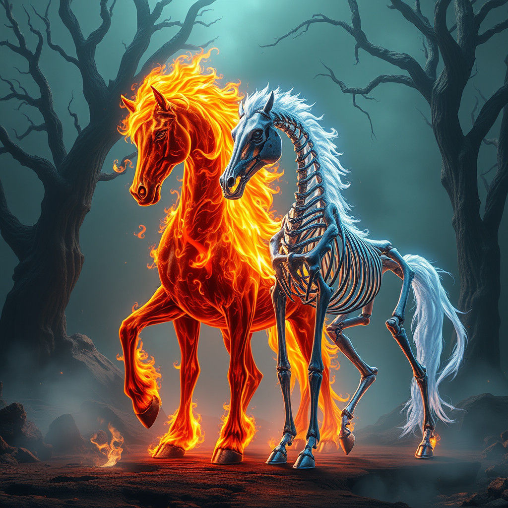 Fire Horse and Skeletal Horse in Dreamlike Landscape