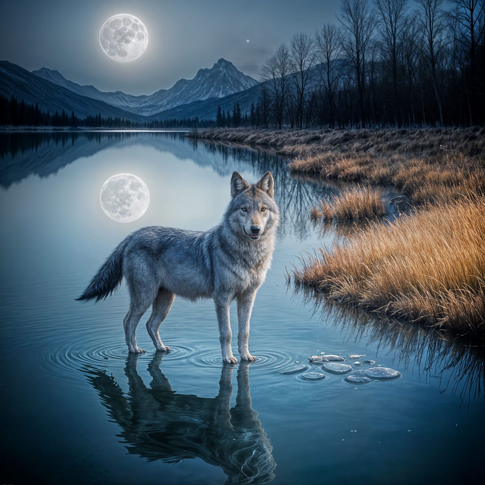 Wolf Pup Howling at Moonlit Lake