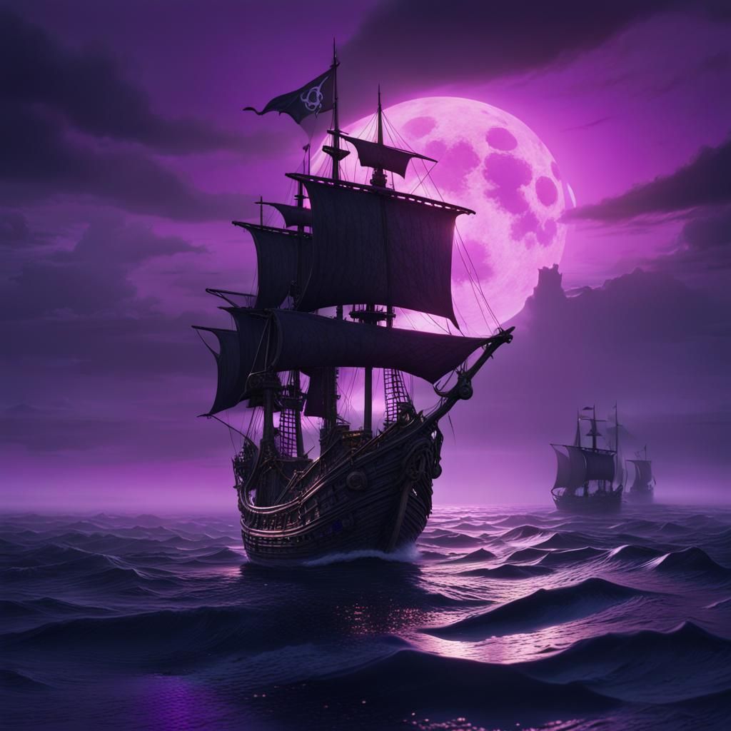 Dark Elf Pirate Ship Under Purple Sky