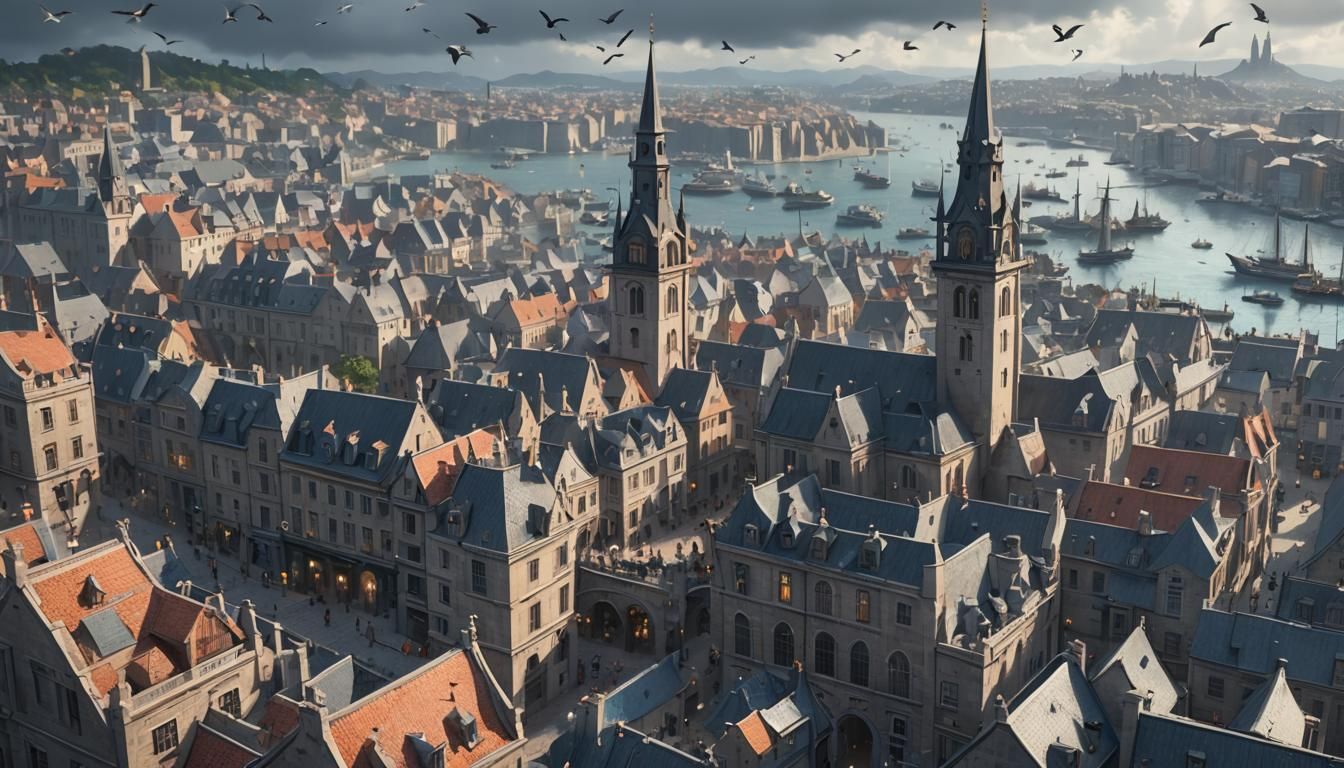 Anime Cityscape with Spires, Birds, and Harbor