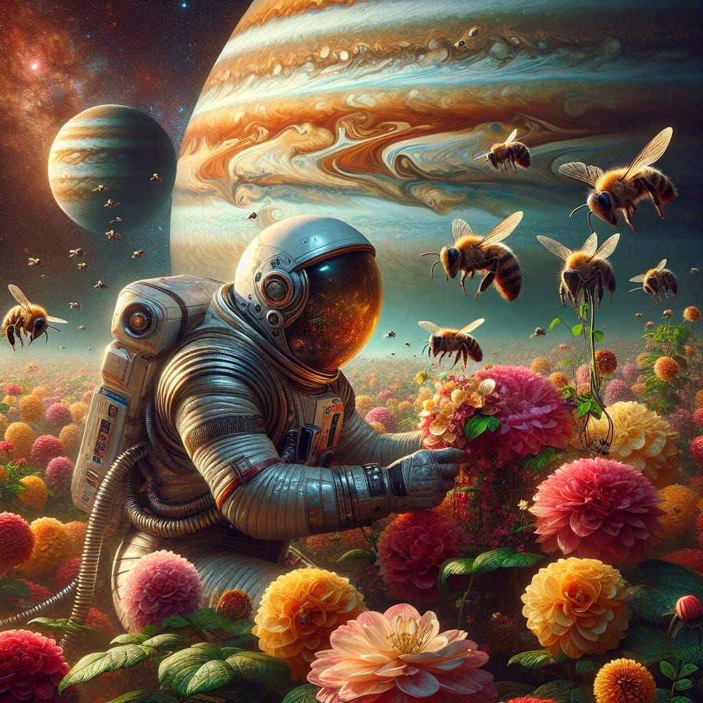 Space Traveler Cares for Flowers with Giant Bees
