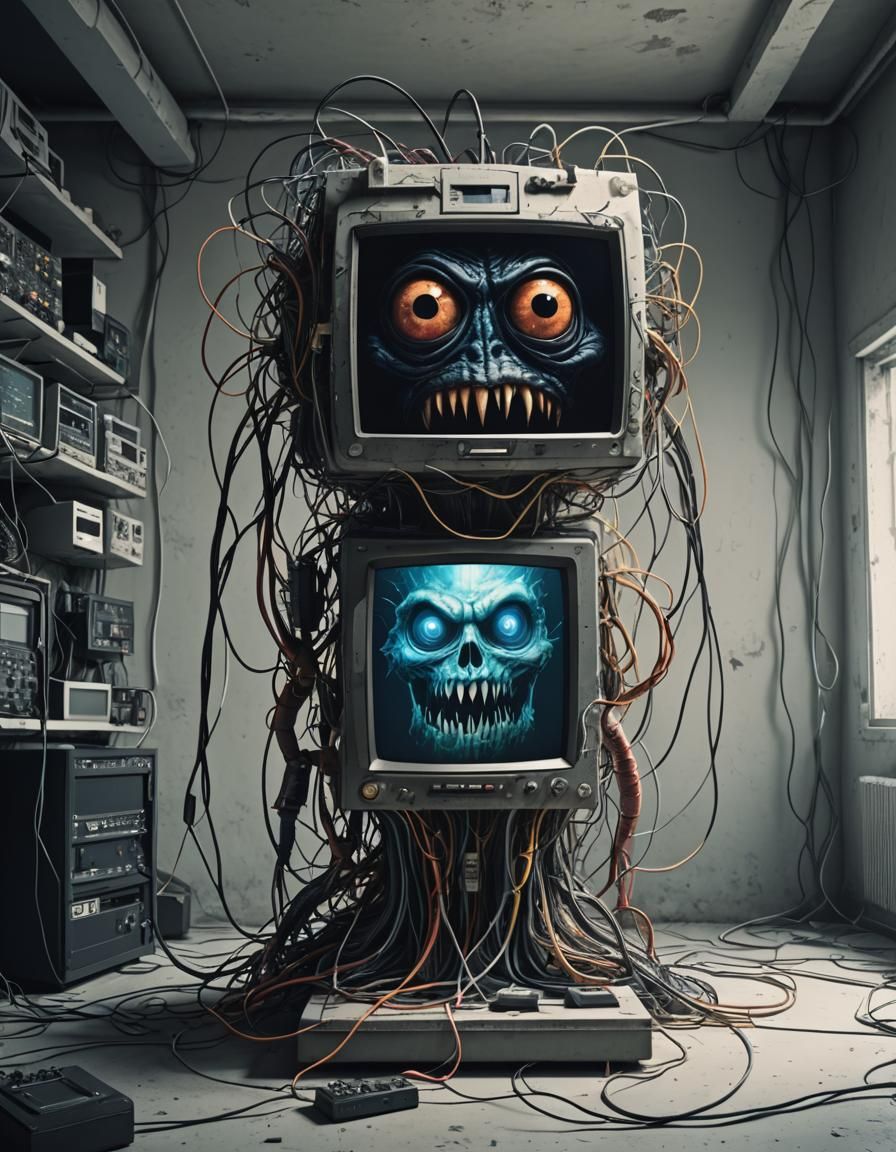 Futuristic Monster Emerges from Monitor in Distorted Reality