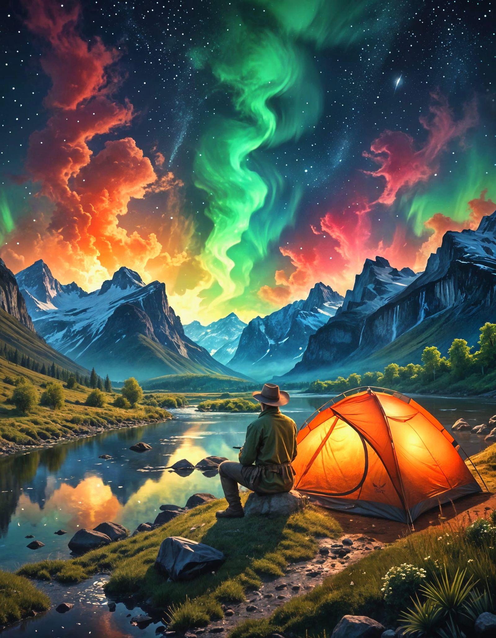 Night Camping Under Northern Lights Painting