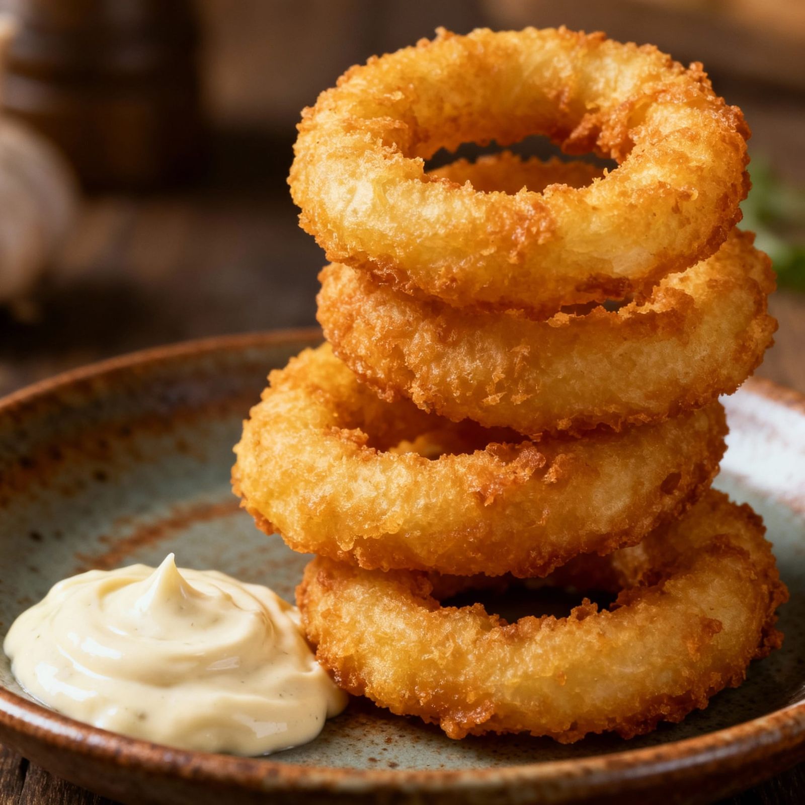Crispy Golden Onion Rings with Garlic Mayo Dip