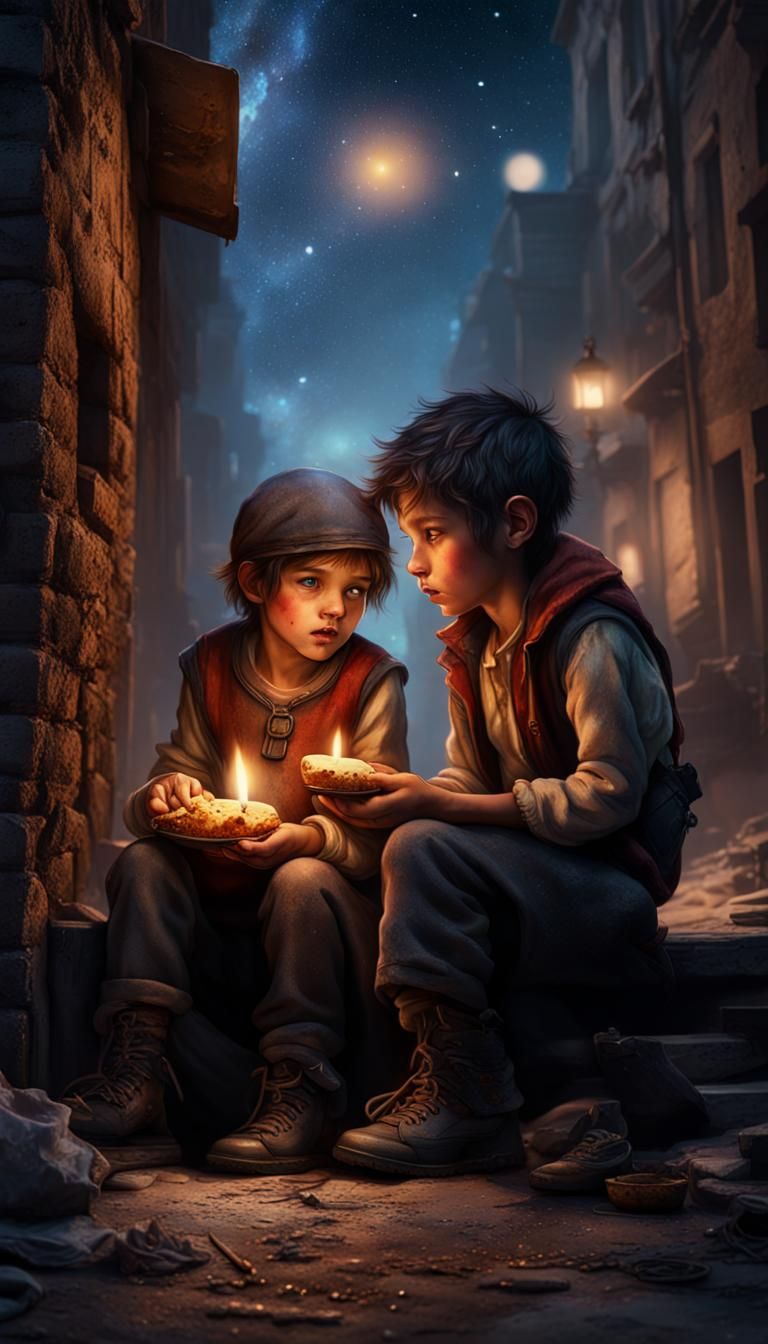 Orphan Girl and Boy Under Starry Sky