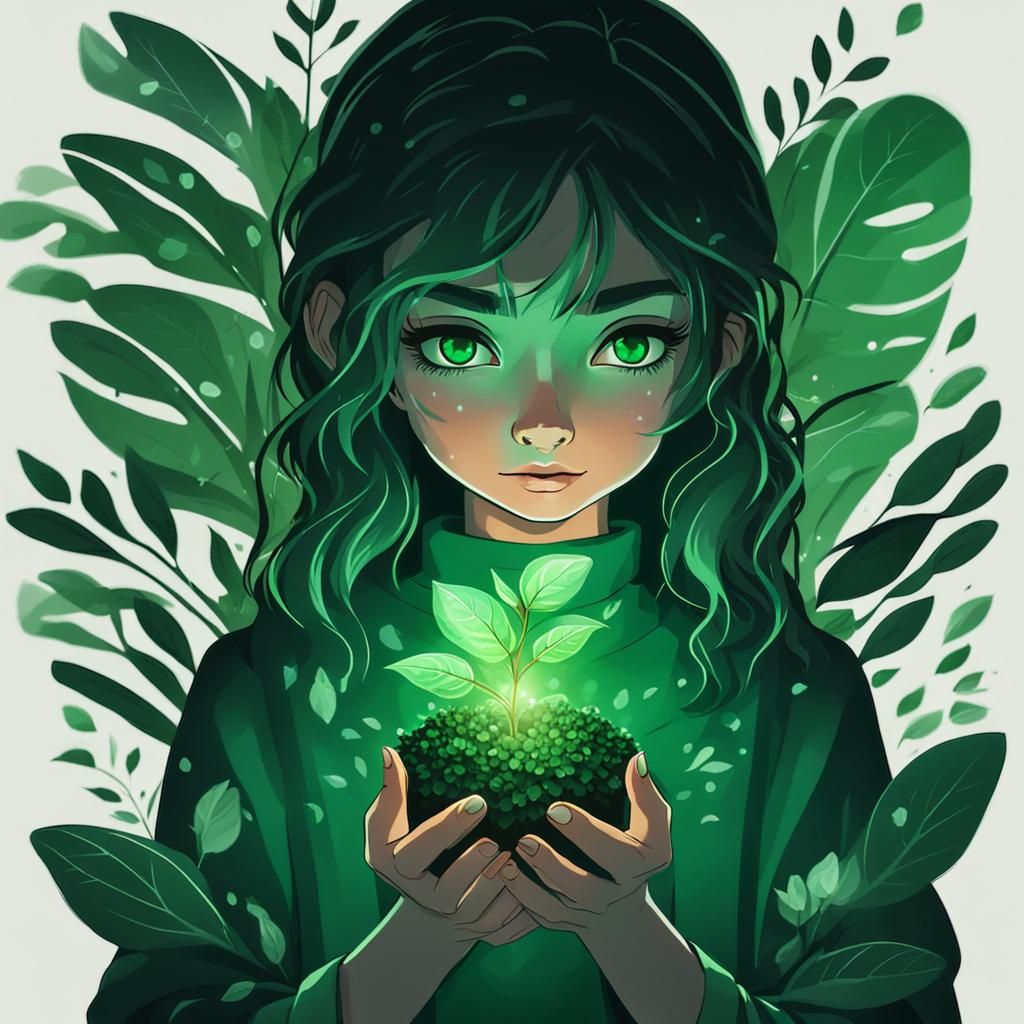 Nature Girl Offering Emerald Light in Darkness