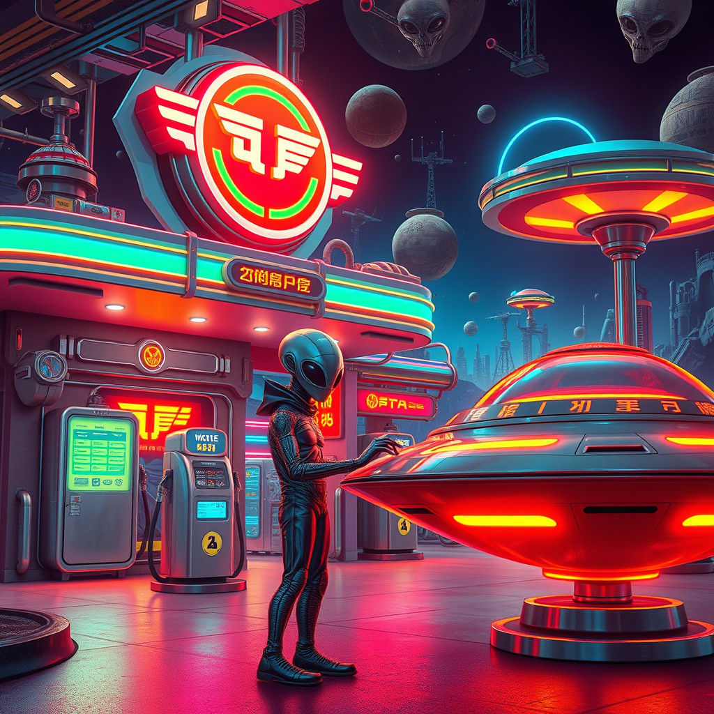 Intergalactic Fuel Hub in Retro-Futuristic Style