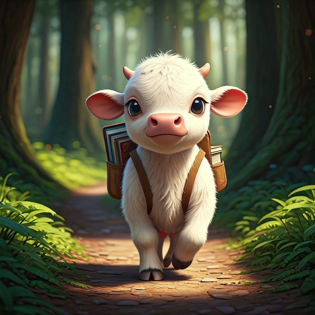 Cute 3D Calf Wears Tiny Backpack Full of Books in the Forest