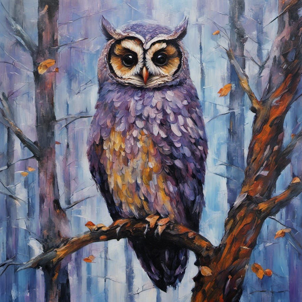 Mottled Owl in Winter Forest: Neo-Impressionist Oil Painting