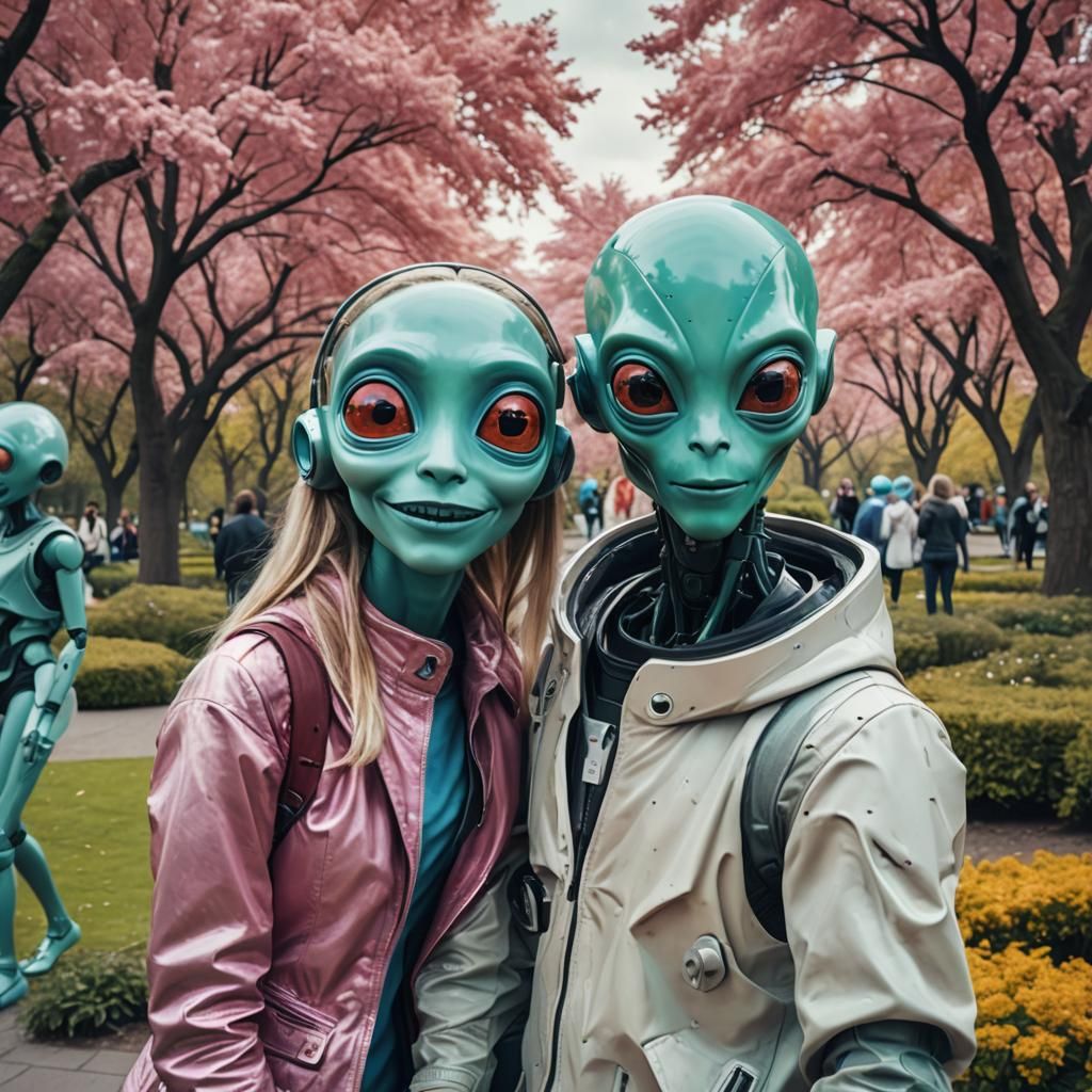 Futuristic Couple's Selfie with Alien Photobomb