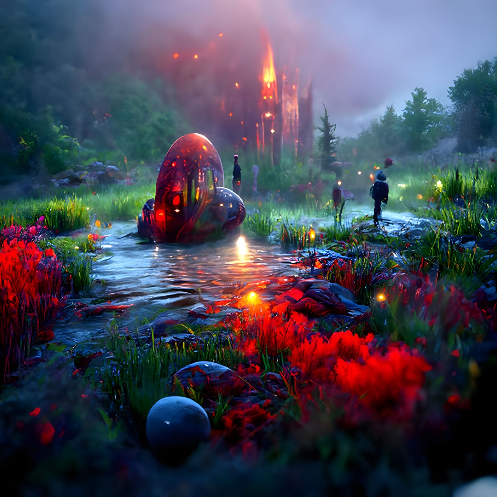 Surreal Nature Scene with Fireflies, Digital Illustration