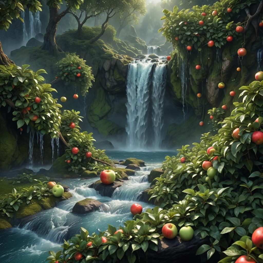 Waterfall Flows From Apple Slice: Fantasy Concept Art