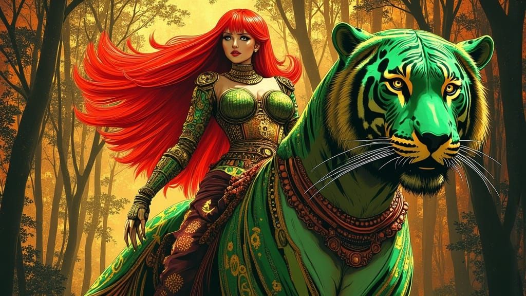 Majestic Red Sonja Rides Striped Tiger in Enchanted Forest