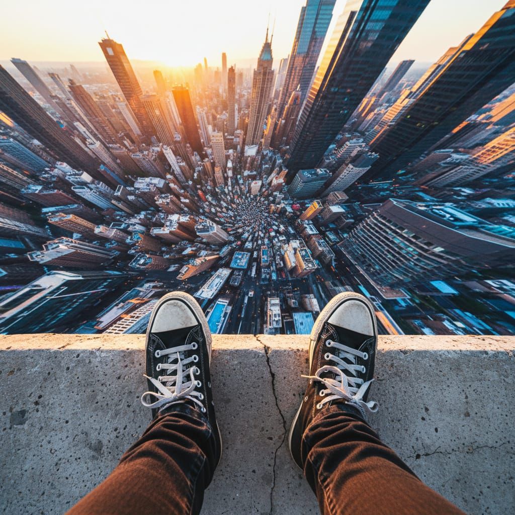 First Person View From Skyscraper Edge Overlooking Distorted...