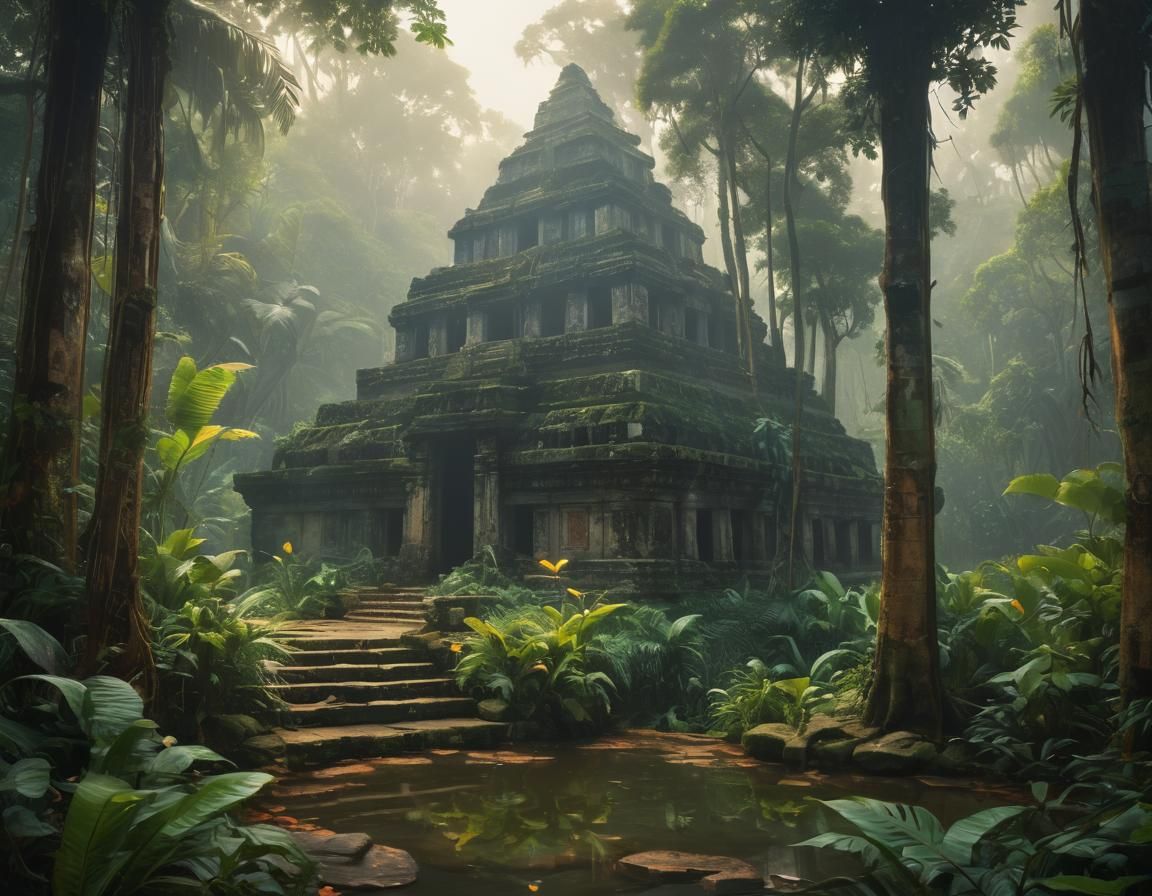 Rainforest Temple Pyramid in Gurney Oil Painting Style