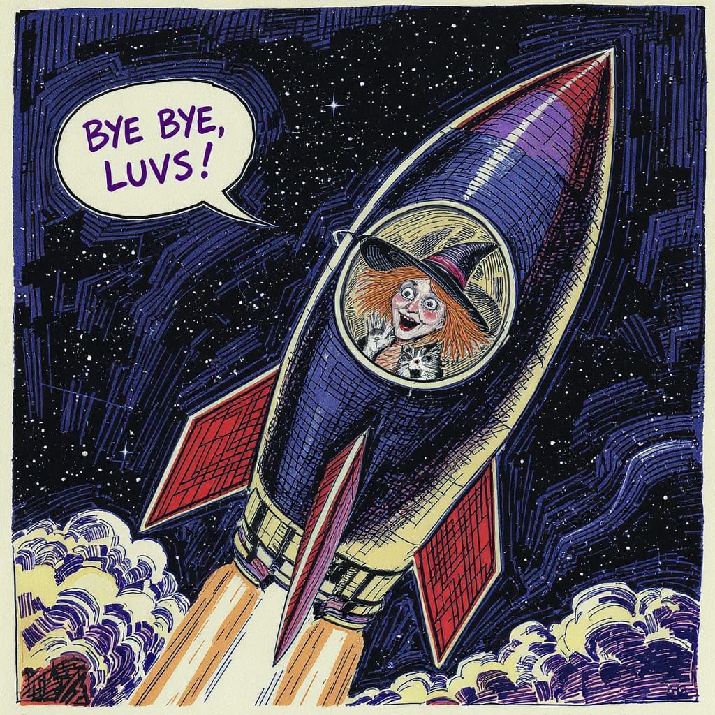 Whimsical Rocket Launch with Pointillist Accents