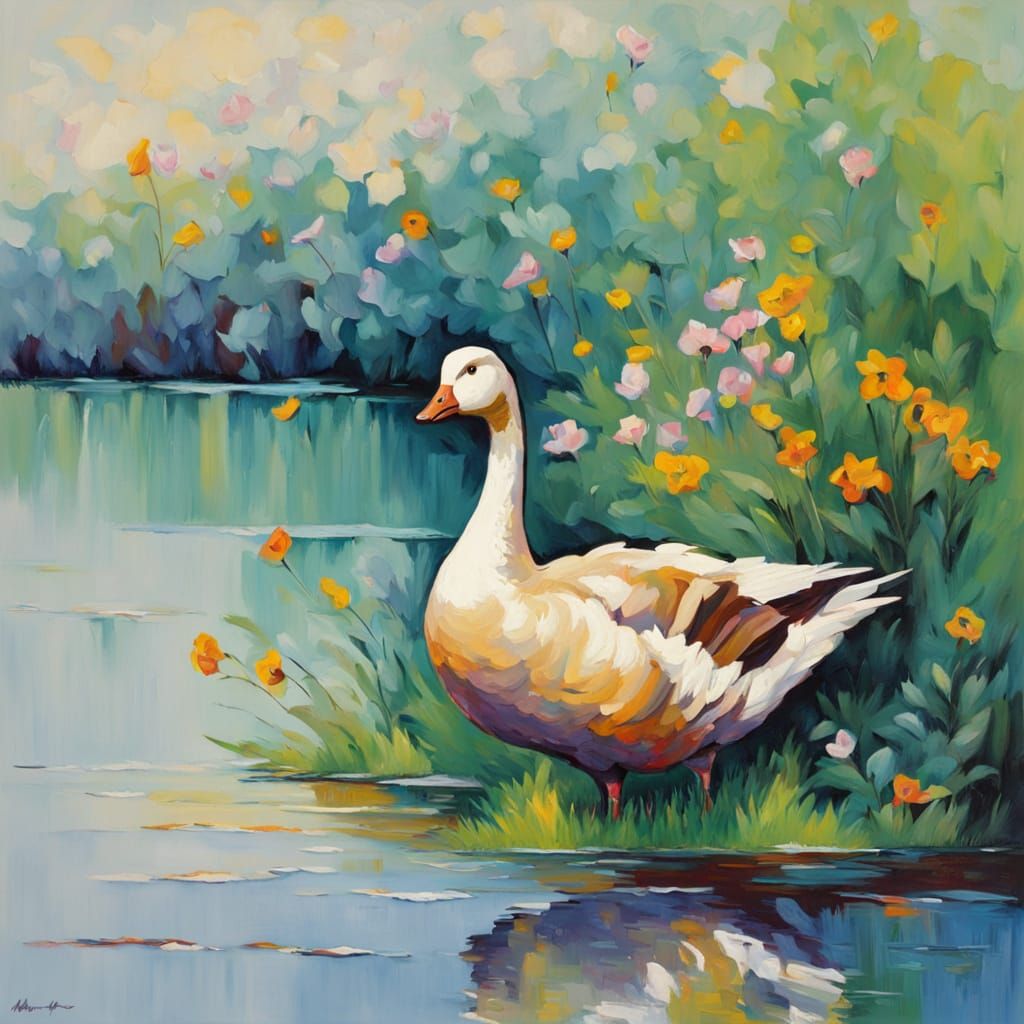 Expressive Oil Painting of a Goose in a Vibrant Field