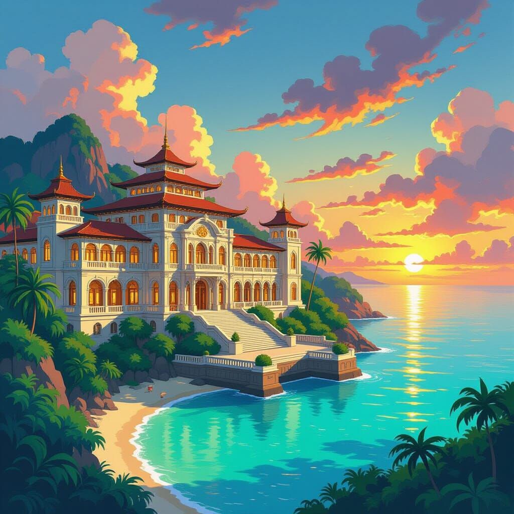 Tropical Island Palace Hotel in Painterly Style