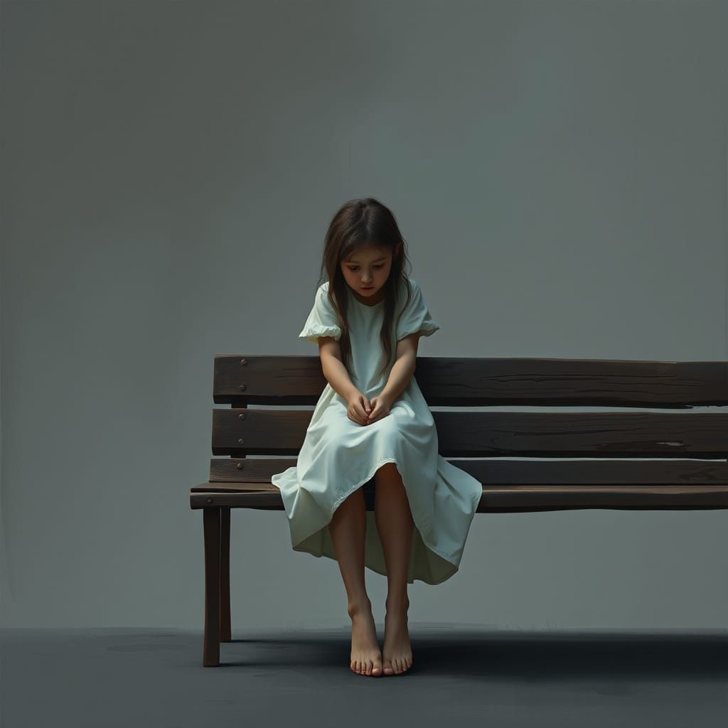 Remorseful Figure on Wooden Bench, Conceptual Art