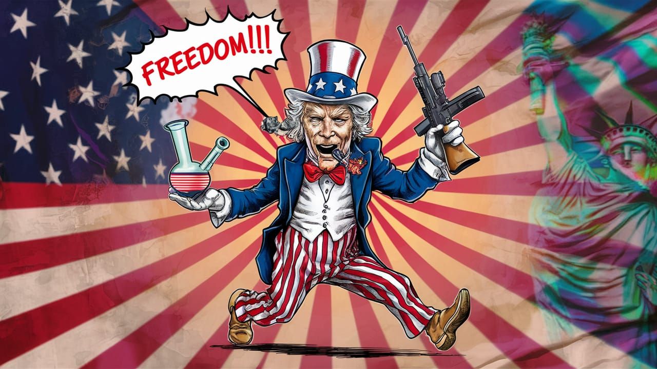 Satirical Uncle Sam Dances with Bong and Rifle