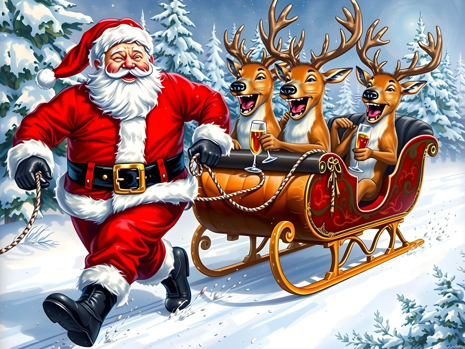 Humorous Santa and Deer Scene in Pastel Pencil Style
