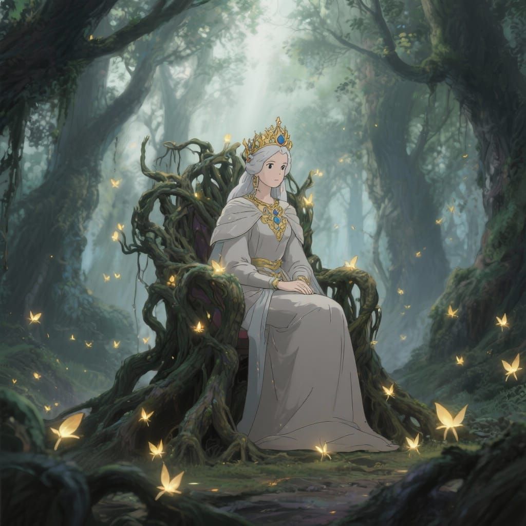 Regal Queen on Glowing Root Throne in Ancient Forest