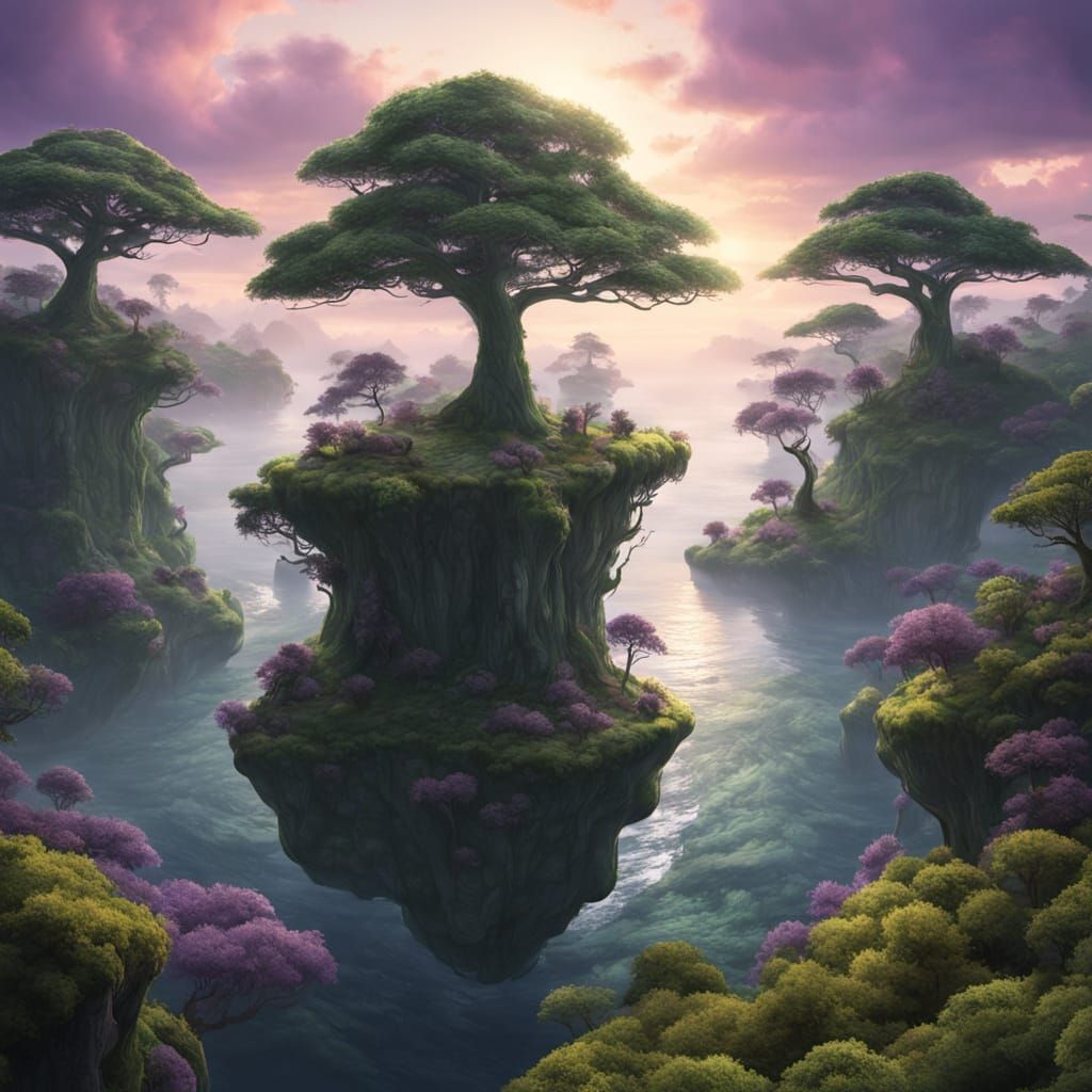 Floating Forests Above Ocean in Ethereal Mist