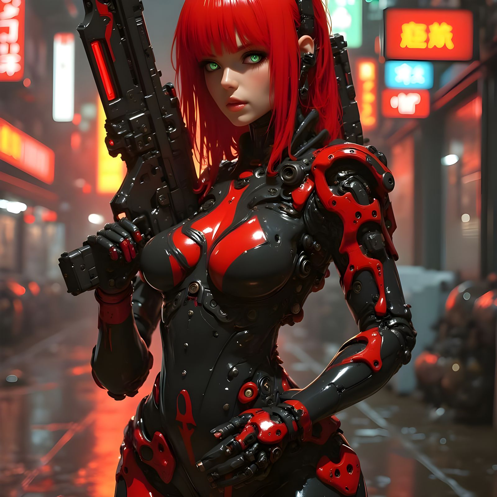Cyberpunk Gynoid Warrior, Neon-Lit Apocalypse