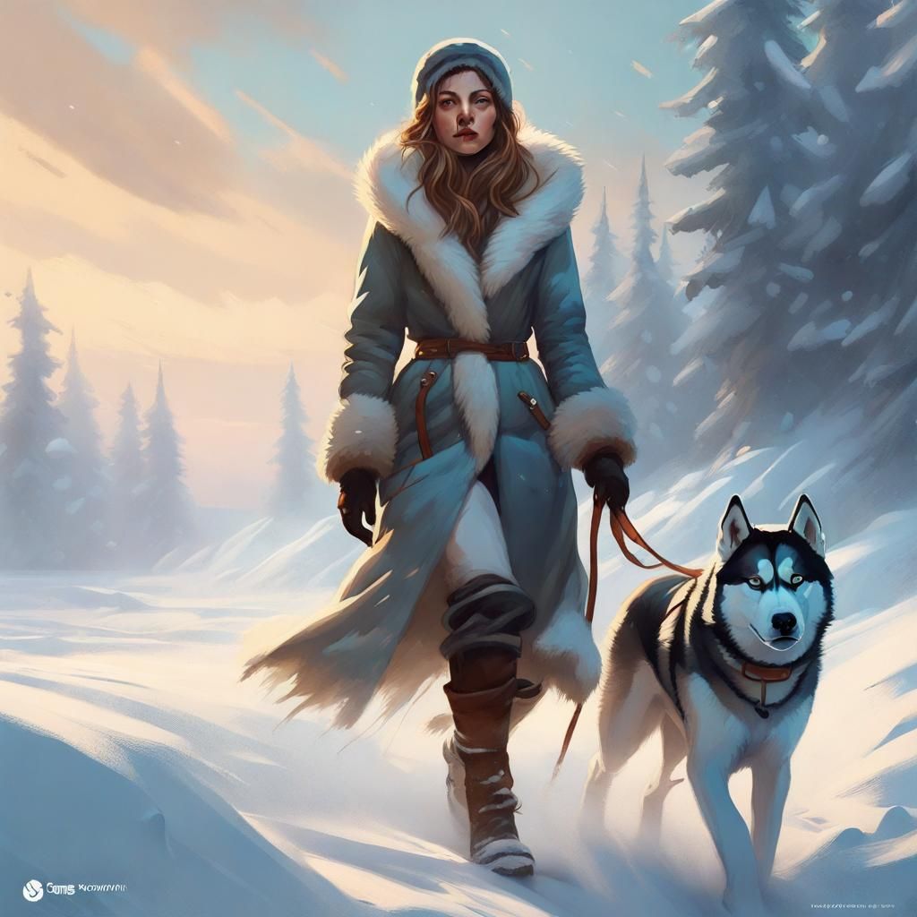 Girl and Husky in Winter Landscape