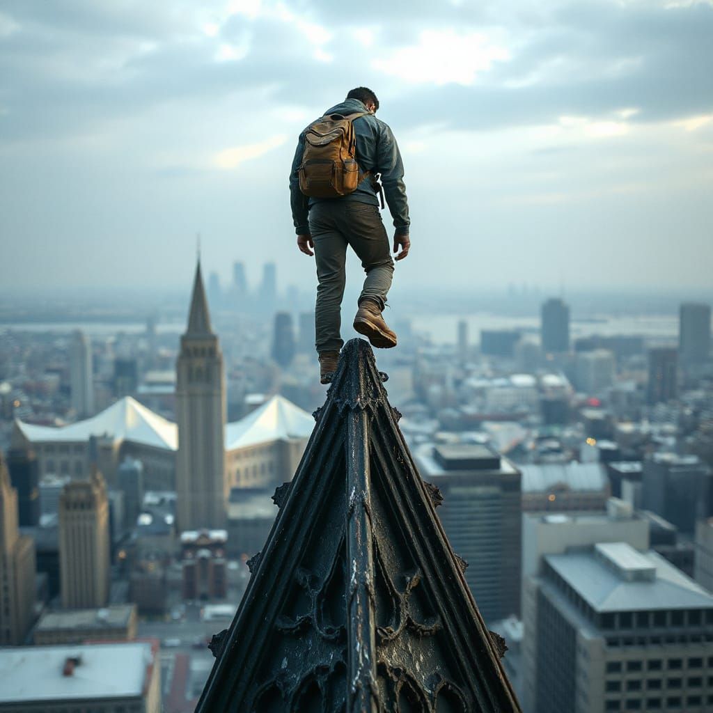 Gothic Spire Climber Gazing at Futuristic Cityscape