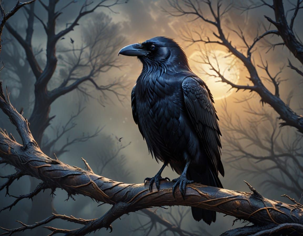 Raven on Twisted Branch in Dark Fantasy Oil Painting
